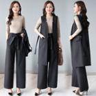 Set: Long-sleeve Top + Long Vest + Dress Pants