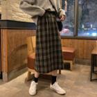 Plaid Slit Midi Skirt Dark Brown - One Size