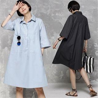 Half-placket A-line Midi Shift Dress
