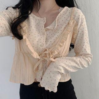Long-sleeve Floral Print Button T-shirt / Spaghetti Strap Ruffle Top