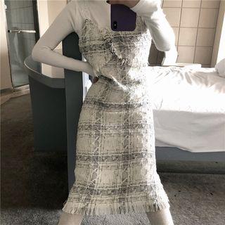 Long-sleeve T-shirt / Fringed Tweed Midi Pinafore Dress