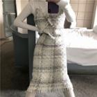 Long-sleeve T-shirt / Fringed Tweed Midi Pinafore Dress