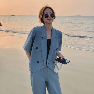 Set : Short-sleeve Blazer + Wide Leg Pants