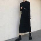 Long-sleeve Loose Fit Plain Knit Dress Black - One Size