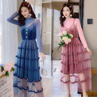 Set: Plain Long-sleeve T-shirt + Mesh Panel Mid Pinafore Dress