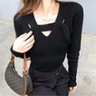 V-neck Halter Ribbed Knit Sweater