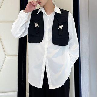 Set: Long-sleeve Plain Shirt + Buckled Cropped Vest