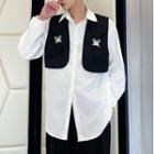 Set: Long-sleeve Plain Shirt + Buckled Cropped Vest