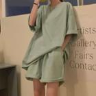 Set: Elbow-sleeve T-shirt + Wide-leg Shorts Set Of 2 - T-shirt & Shorts - Avocado Green - One Size