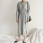 Buttoned-neckline Long Knit Dress With Sash