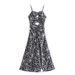 Spaghetti Strap Cutout Floral Print Midi A-line Dress