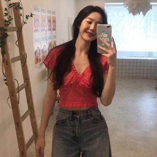 Short-sleeve Ruffled Shirred Blouse