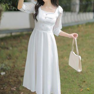 Elbow-sleeve Square Neck Lace Panel A-line Dress