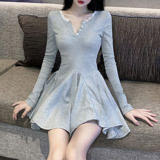 Long-sleeve Henley Mini A-line Dress