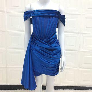 Off-shoulder Mesh Panel Ruched Mini Sheath Dress
