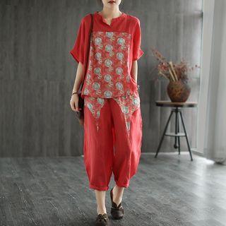Set: Elbow-sleeve Printed Panel T-shirt + Harem Pants