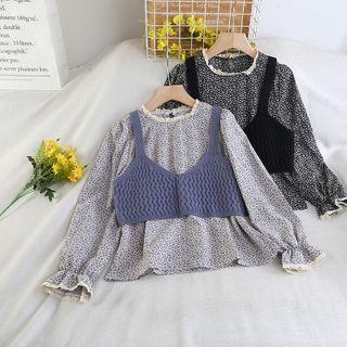 Set: Flower Print Blouse + Knit Camisole Top