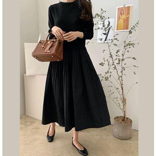 Mock Tow-piece Knit Top A-line Dress One Size