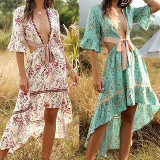 Floral Print V-neck Cut-out Ruffled Dress