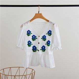 V-neck Floral Crochet Panel Blouse