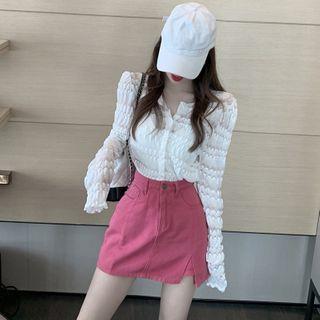 Long-sleeve Buttoned Lace Top / Denim A-line Mini Skirt