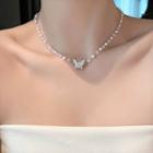 Butterfly Pendant Faux Pearl Faux Crystal Necklace Silver - One Size