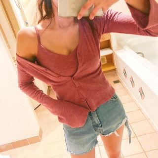 Set: V-neck Buttoned Ribbed Cardigan + Camisole Top