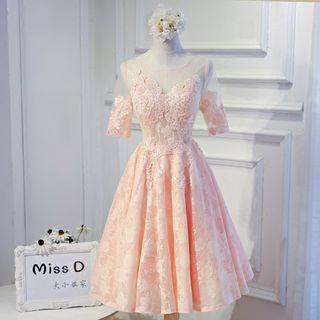 Embroidered 3/4 Sleeve Bridesmaid Dress