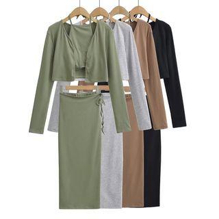 Set: Halter-neck Crop Top + Cardigan + Midi Pencil Skirt