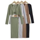 Set: Halter-neck Crop Top + Cardigan + Midi Pencil Skirt