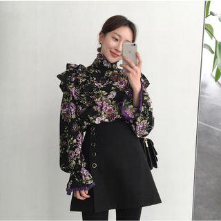 Floral Print High-neck Long-sleeve Blouse