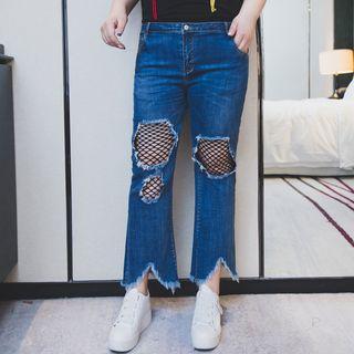Fishnet Panel Cropped Boot Cut Jeans