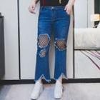 Fishnet Panel Cropped Boot Cut Jeans