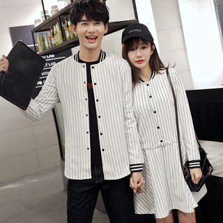 Couple Matching Striped Baseball Jacket / Long-sleeve A-line Dress