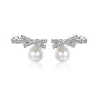 925 Sterling Silver Bow Stud Earrings With Austrian Element Crystals And Fashion Pearls Silver - One Size