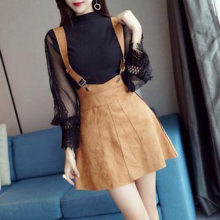 Set: Lace Sleeve Knit Top + A-line Suspender Skirt