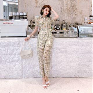Orange Print Short-sleeve Chiffon Jumpsuit