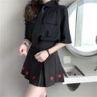 Pocket Detail Short-sleeve Shirt / Necktie / Heart Embroidered Pleated Skirt