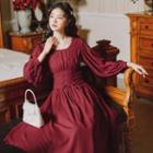 Square-neck Plain Drawstring A-line Dress