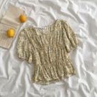 Short-sleeve Shirred Floral Printed Blouse
