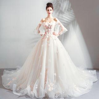 Off-shoulder Elbow-sleeve Embroidered Wedding Ball Gown With Tail