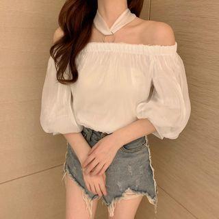 Off-shoulder Elbow-sleeve Chiffon Blouse White - One Size