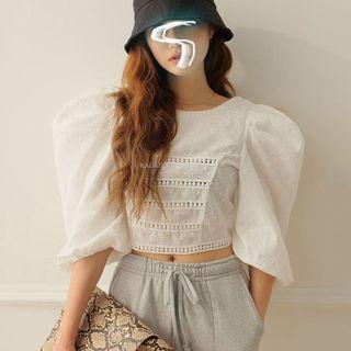 Round-neck Plain Cutout Lace Cropped Top