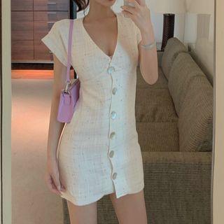 Cap-sleeve Buttoned Mini Sheath Dress Almond - One Size