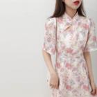 Elbow-sleeve Mandarin Collar Floral Print Mini Dress