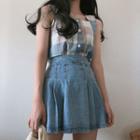 Plaid Sleeveless Blouse / Denim Mini A-line Skirt
