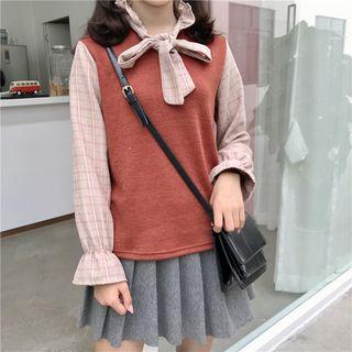 Bow Accent Plaid Panel Long-sleeve Blouse