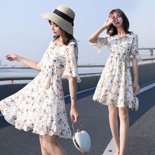 Drawstring Waist Tasseled Floral Mini Chiffon Dress