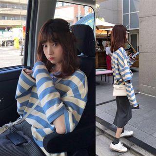 Set: Striped Cut-out Long-sleeve T-shirt + Knit Midi Straight-fit Skirt