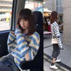 Set: Striped Cut-out Long-sleeve T-shirt + Knit Midi Straight-fit Skirt